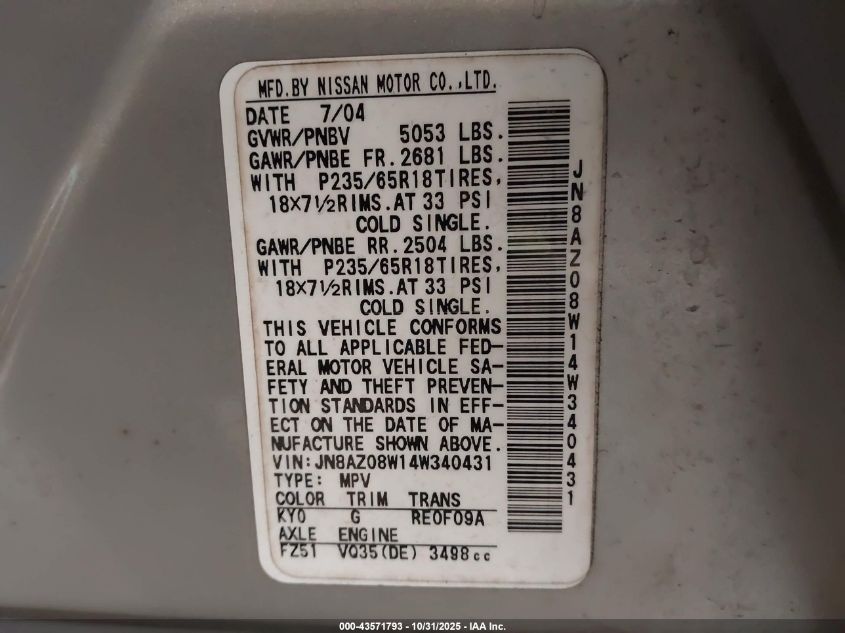 2004 Nissan Murano Sl VIN: JN8AZ08W14W340431 Lot: 43571793