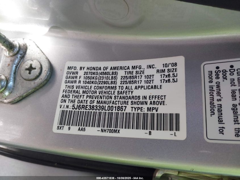2009 Honda Cr-V Lx VIN: 5J6RE38339L001867 Lot: 43571836