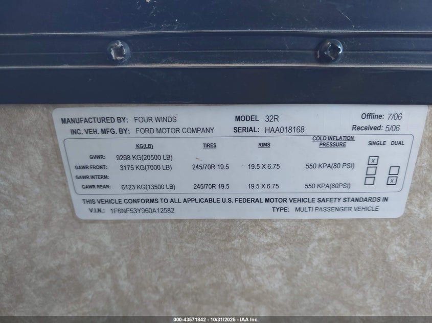 2006 Ford F550 Super Duty Stripped Chass VIN: 1F6NF53Y960A12582 Lot: 43571842