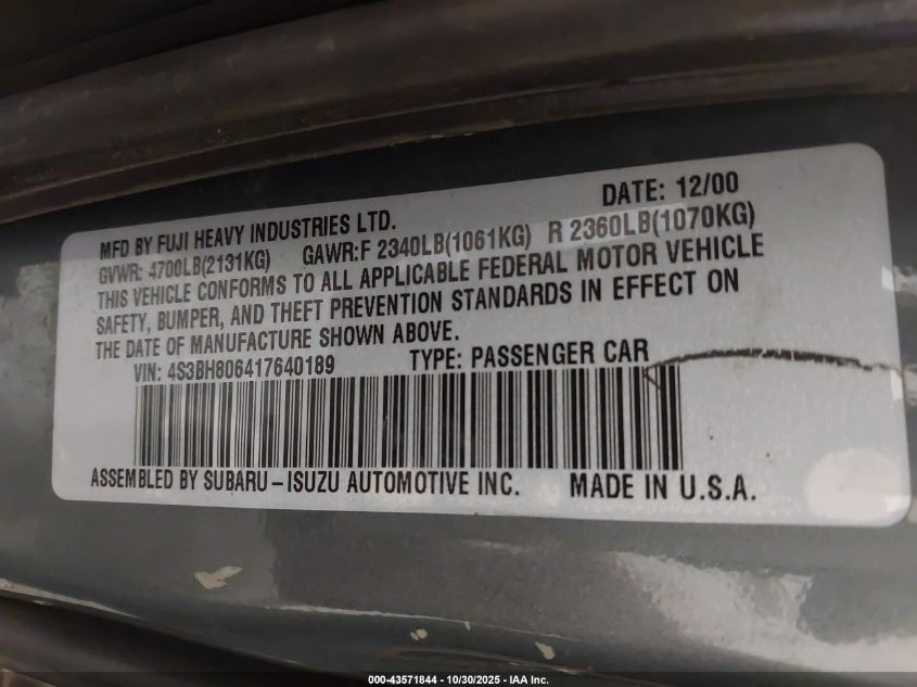 2001 Subaru Outback H6-3.0 VIN: 4S3BH806417640189 Lot: 43571844