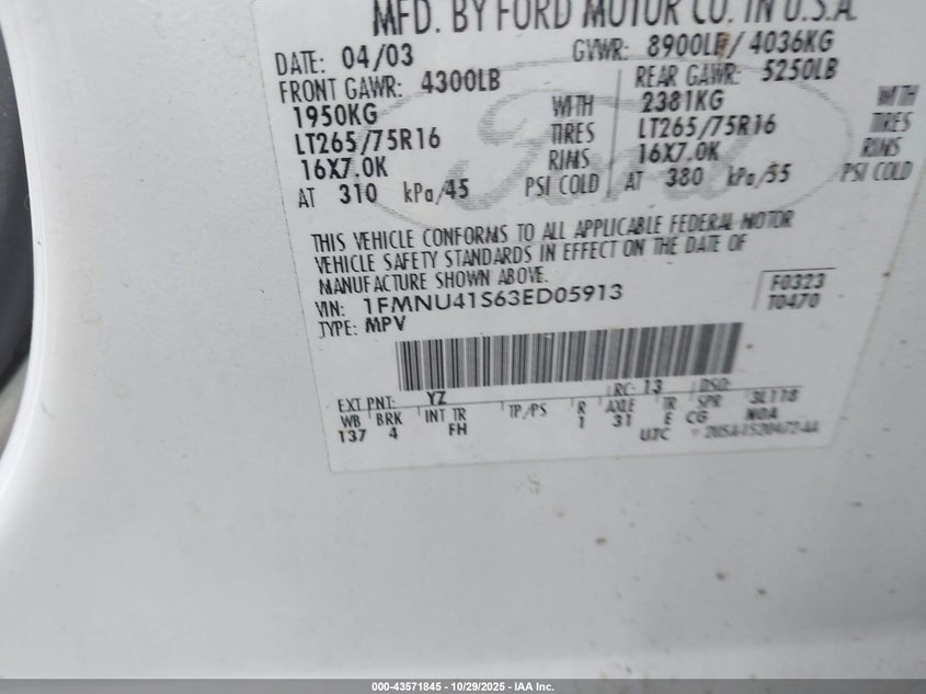 2003 Ford Excursion Xlt VIN: 1FMNU41S63ED05913 Lot: 43571845