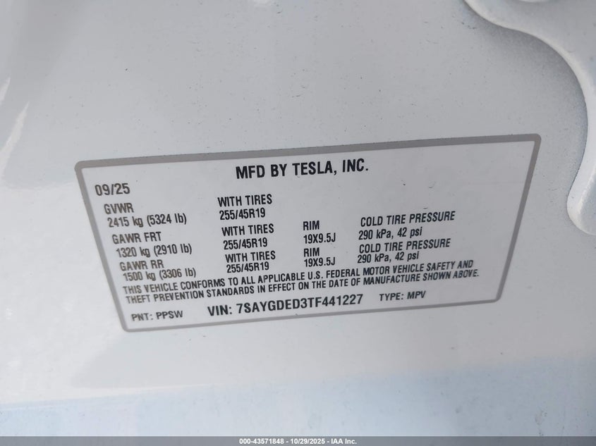 2026 Tesla Model Y Long Range Dual Motor All-Wheel Drive VIN: 7SAYGDED3TF441227 Lot: 43571848