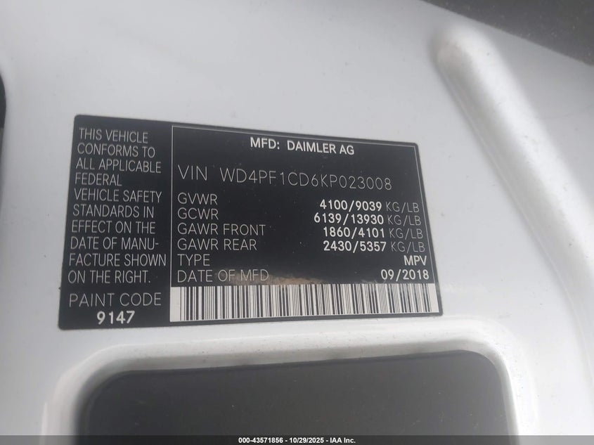2019 Mercedes-Benz Sprinter 2500 High Roof V6 VIN: WD4PF1CD6KP023008 Lot: 43571856