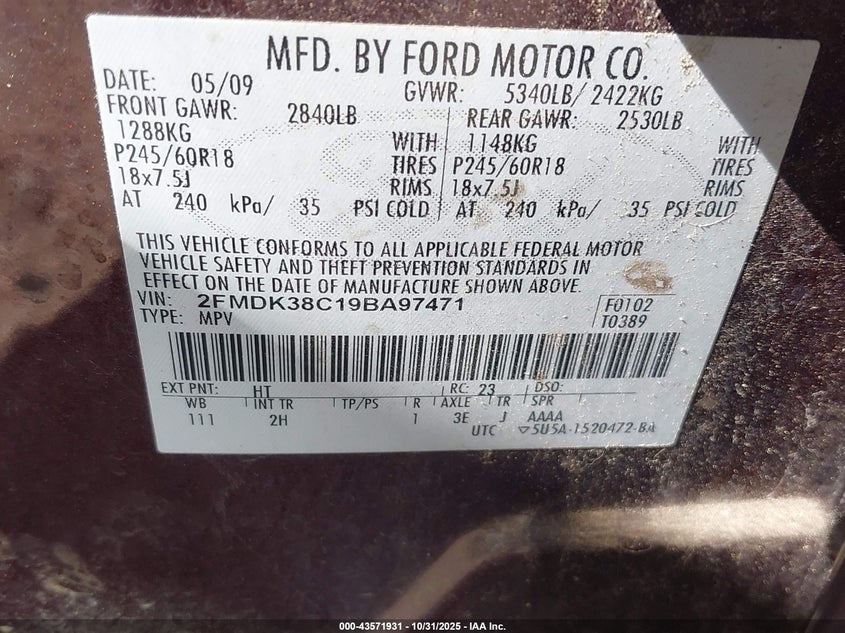 2FMDK38C19BA97471 2009 FORD EDGE photo no. 9
