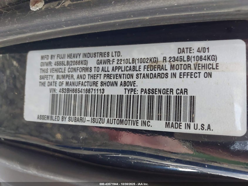4S3BH665416671113 2001 SUBARU OUTBACK photo no. 9