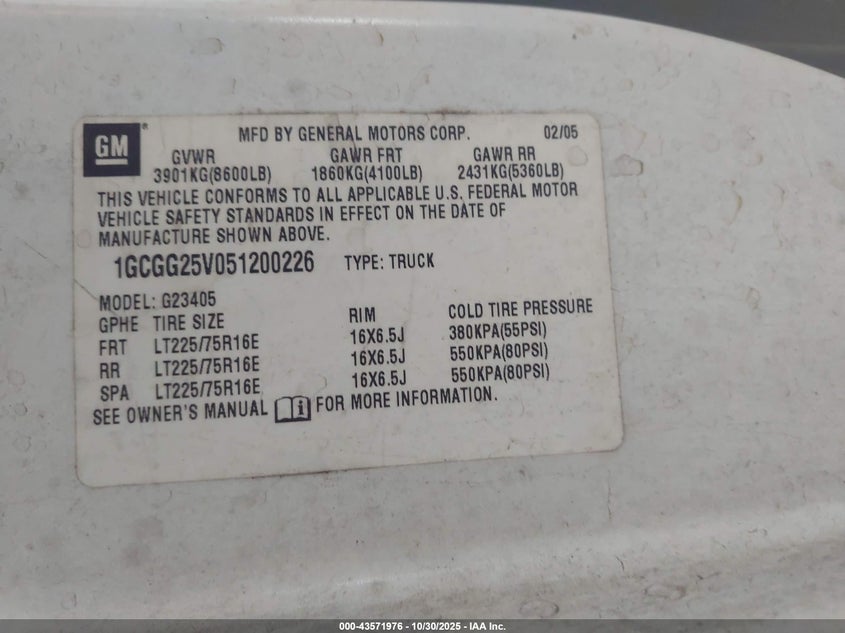 2005 Chevrolet Express VIN: 1GCGG25V051200226 Lot: 43571976
