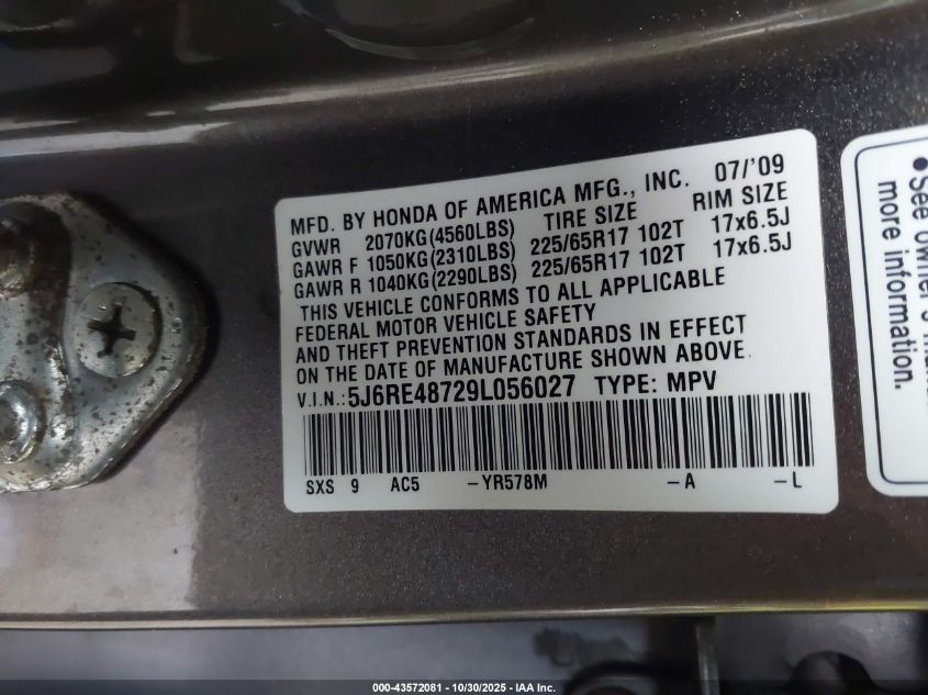 2009 Honda Cr-V Ex-L VIN: 5J6RE48729L056027 Lot: 43572081