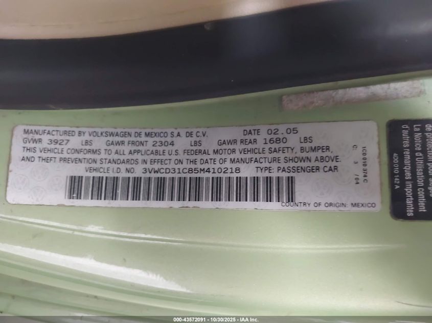 2005 Volkswagen New Beetle Gls 1.8T VIN: 3VWCD31C85M410218 Lot: 43572091