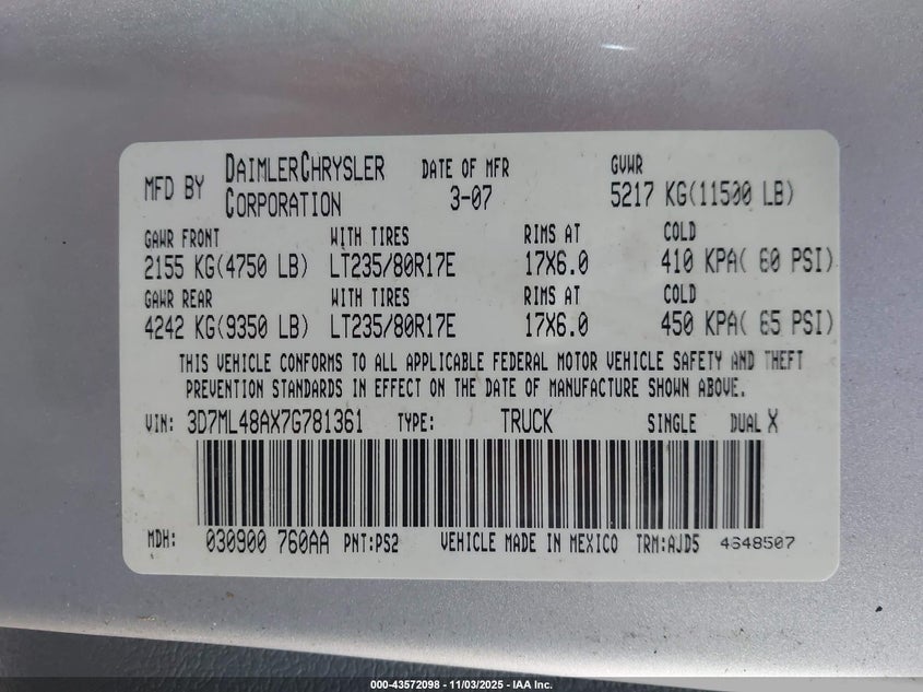 2007 Dodge Ram 3500 Slt/Sport VIN: 3D7ML48AX7G781361 Lot: 43572098