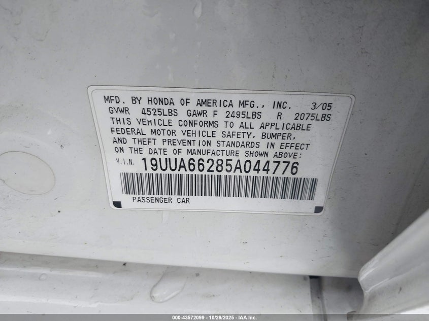 2005 Acura Tl VIN: 19UUA66285A044776 Lot: 43572099