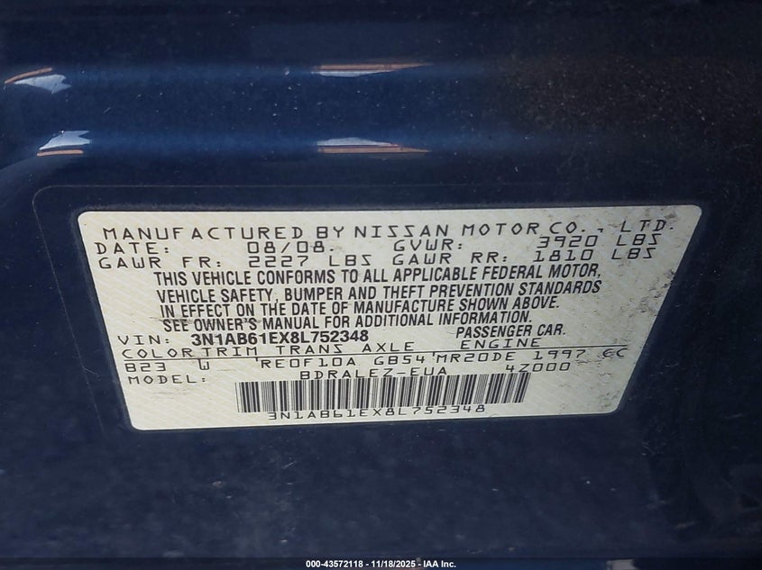 2008 Nissan Sentra 2.0S VIN: 3N1AB61EX8L752348 Lot: 43572118