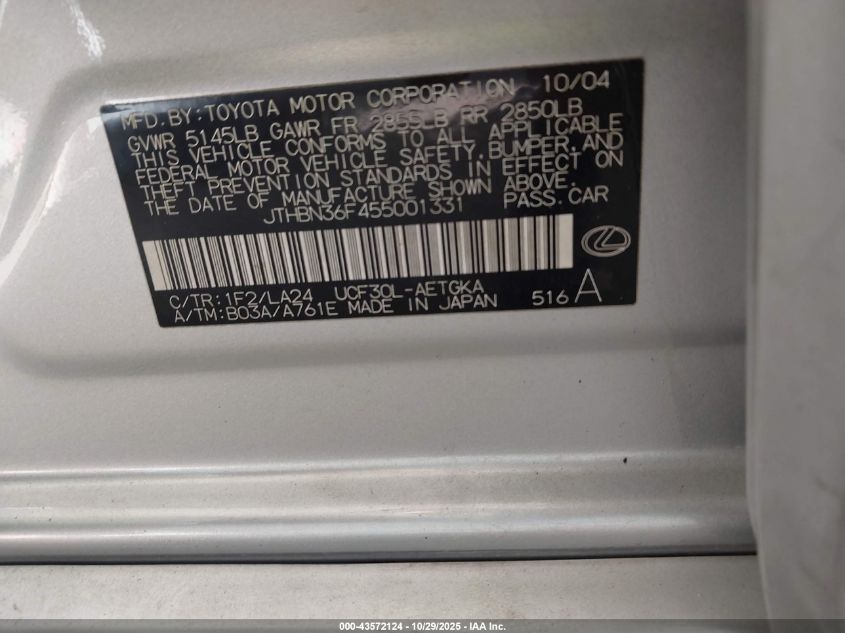 2005 Lexus Ls 430 VIN: JTHBN36F455001331 Lot: 43572124