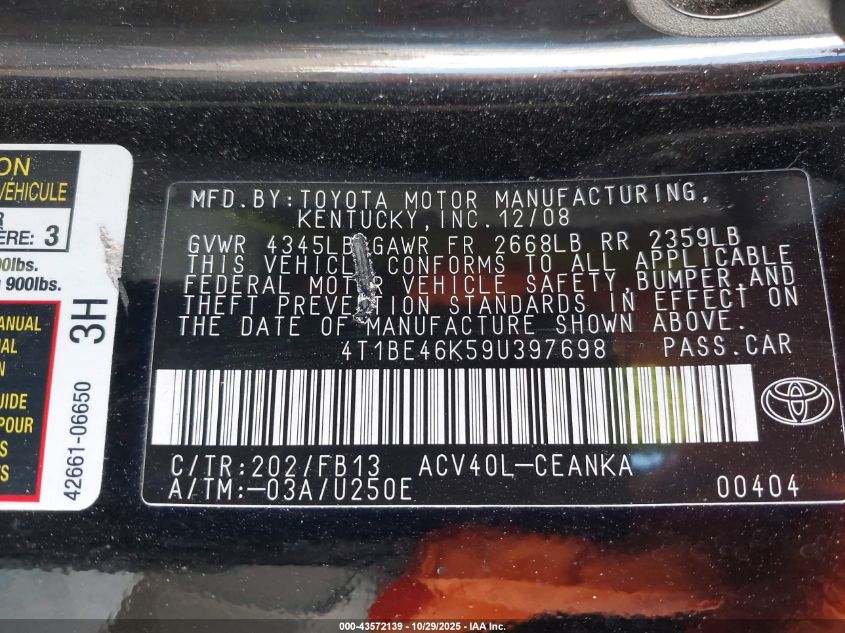 2009 Toyota Camry Le VIN: 4T1BE46K59U397698 Lot: 43572139