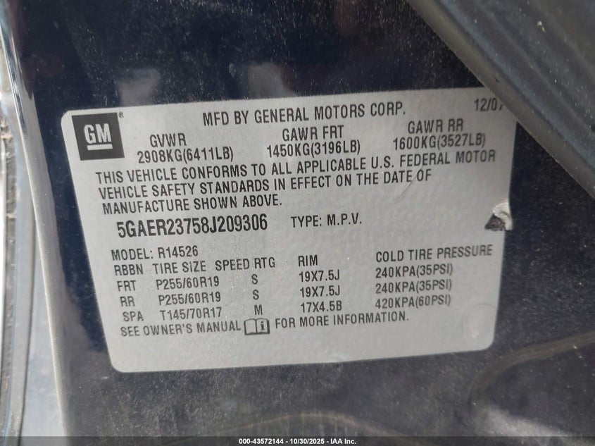 2008 Buick Enclave Cxl VIN: 5GAER23758J209306 Lot: 43572144