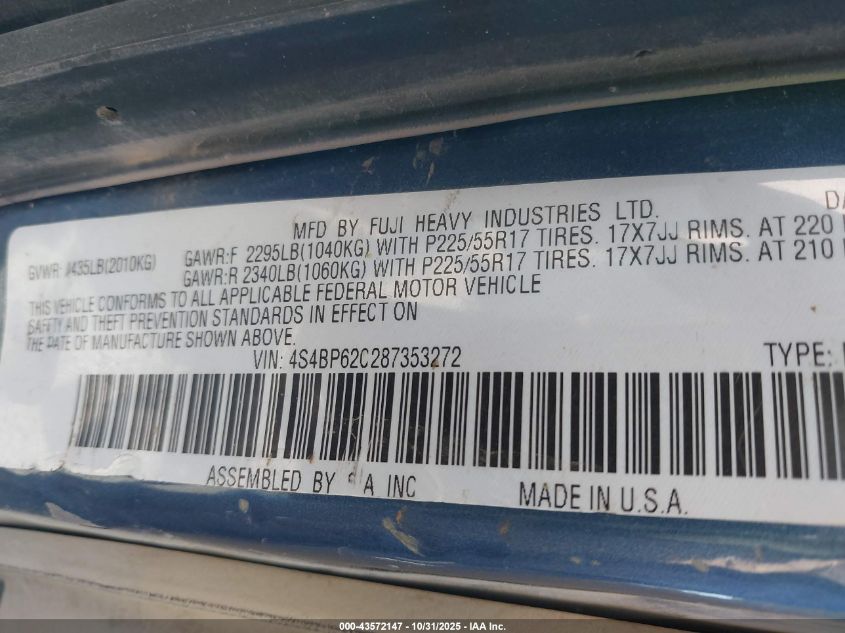 2008 Subaru Outback 2.5I Limited/2.5I Limited L.l. Bean Edition VIN: 4S4BP62C287353272 Lot: 43572147