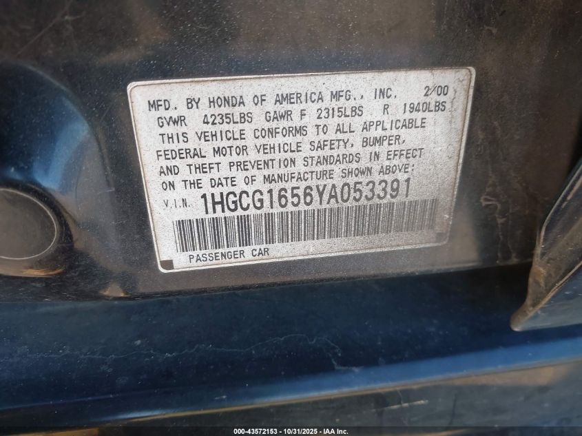 2000 Honda Accord 3.0 Ex VIN: 1HGCG1656YA053391 Lot: 43572153