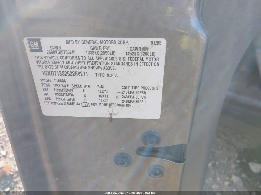 2005 Chevrolet Trailblazer Ls VIN: 1GNDT13S252264271 Lot: 43572160