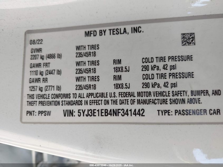 2022 Tesla Model 3 Long Range Dual Motor All-Wheel Drive VIN: 5YJ3E1EB4NF341442 Lot: 43572240
