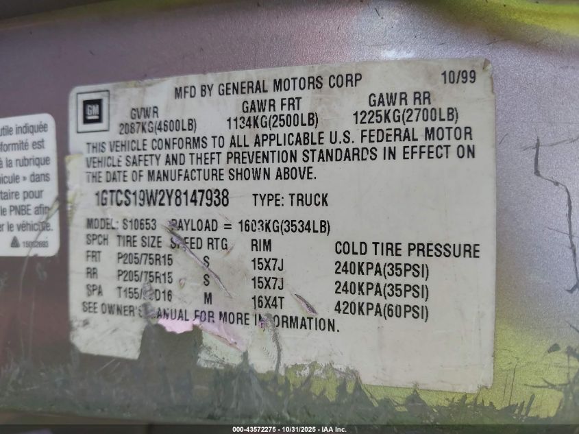 2000 GMC Sonoma Sls VIN: 1GTCS19W2Y8147938 Lot: 43572275