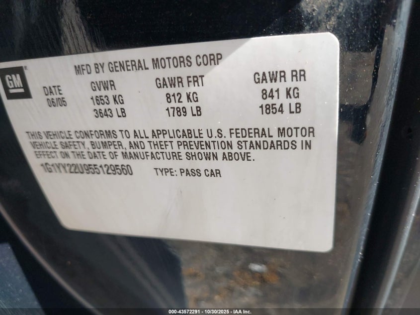 2005 Chevrolet Corvette VIN: 1G1YY22U955129560 Lot: 43572291