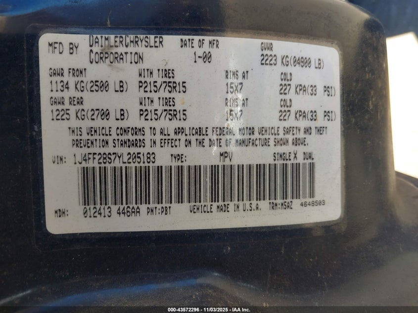 2000 Jeep Cherokee Se VIN: 1J4FF28S7YL205183 Lot: 43572296