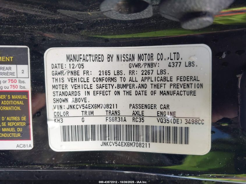2006 Infiniti G35 VIN: JNKCV54EX6M708211 Lot: 43572312