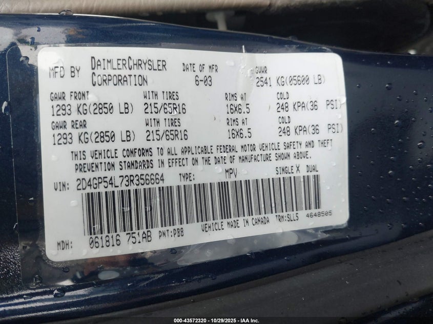 2003 Dodge Grand Caravan Es VIN: 2D4GP54L73R356664 Lot: 43572320