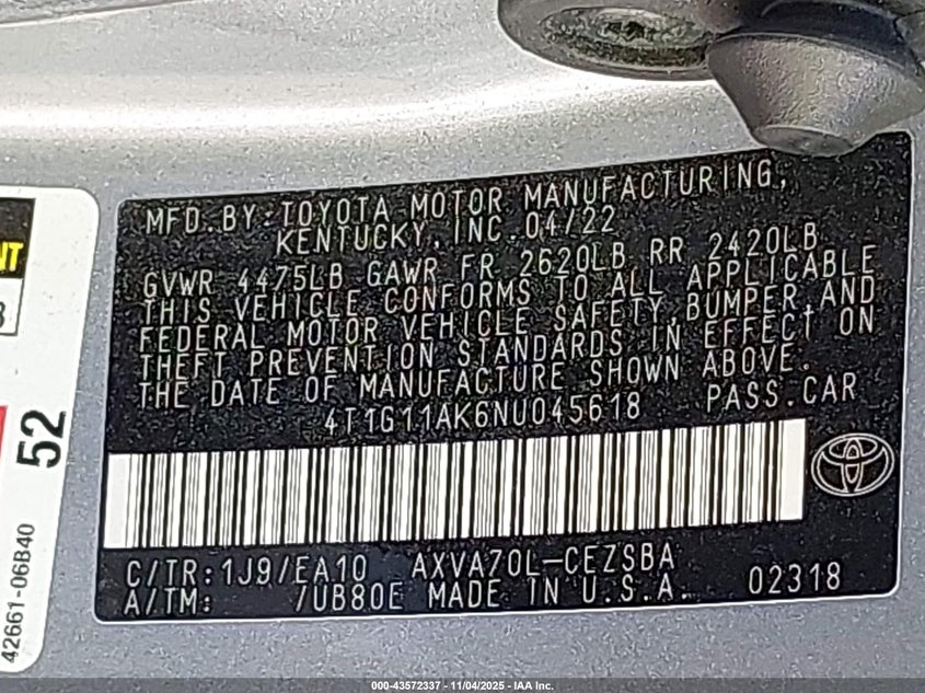 2022 TOYOTA CAMRY SE - 4T1G11AK6NU045618