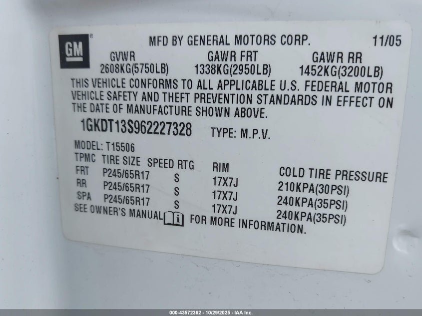 2006 GMC Envoy Slt VIN: 1GKDT13S962227328 Lot: 43572362