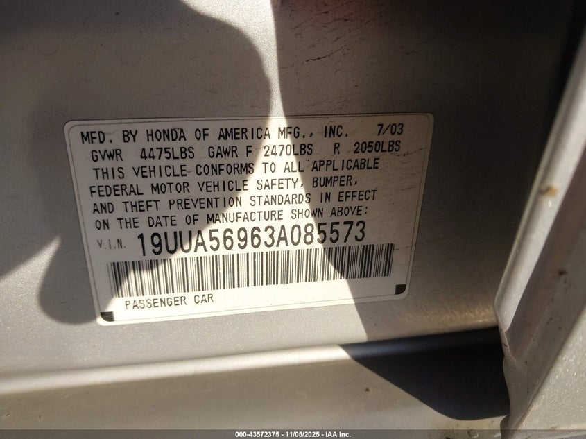 2003 Acura Tl 3.2 Type S VIN: 19UUA56963A085573 Lot: 43572375