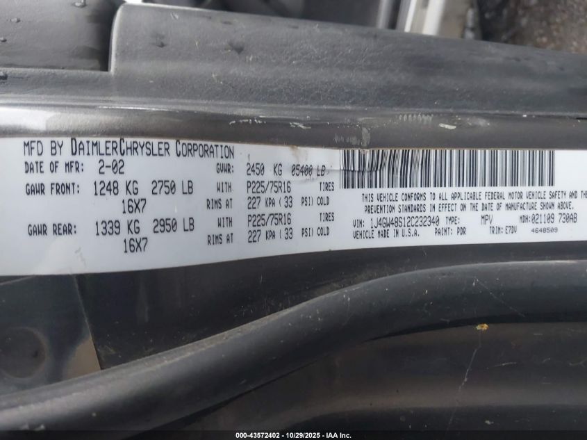 2002 Jeep Grand Cherokee Laredo VIN: 1J4GW48S12C232340 Lot: 43572402