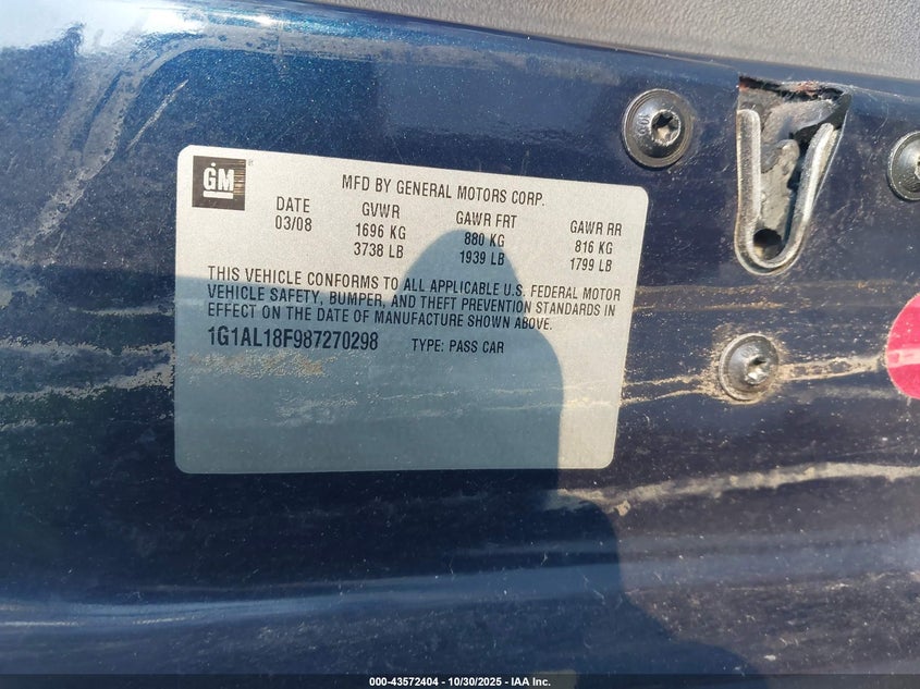 2008 Chevrolet Cobalt Lt VIN: 1G1AL18F987270298 Lot: 43572404