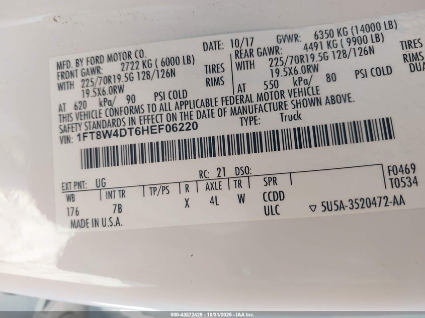 2017 Ford F-450 Platinum VIN: 1FT8W4DT6HEF06220 Lot: 43572429