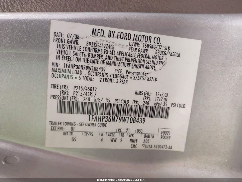 2009 Ford Focus Ses VIN: 1FAHP36N79W108439 Lot: 43572439