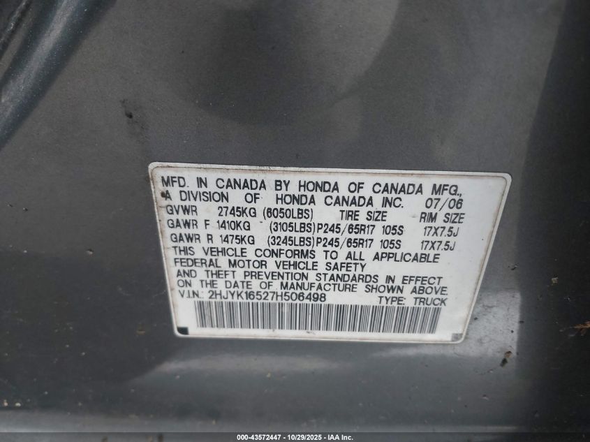 2007 Honda Ridgeline Rtl VIN: 2HJYK16527H506498 Lot: 43572447