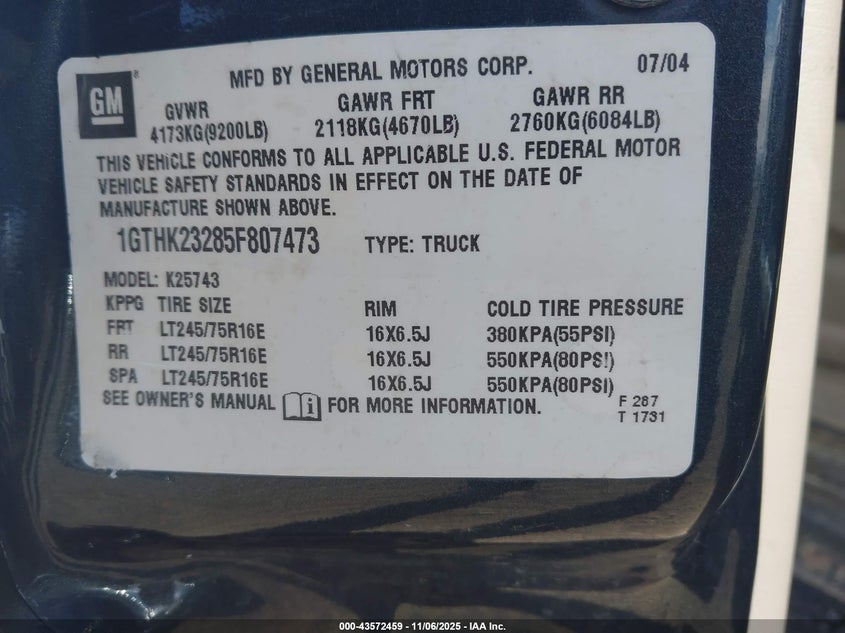 2005 GMC Sierra 2500Hd Slt VIN: 1GTHK23285F807473 Lot: 43572459