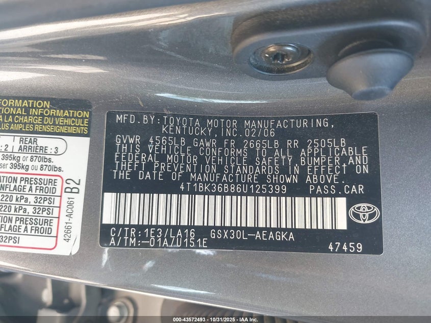 2006 Toyota Avalon Xls VIN: 4T1BK36B86U125399 Lot: 43572493