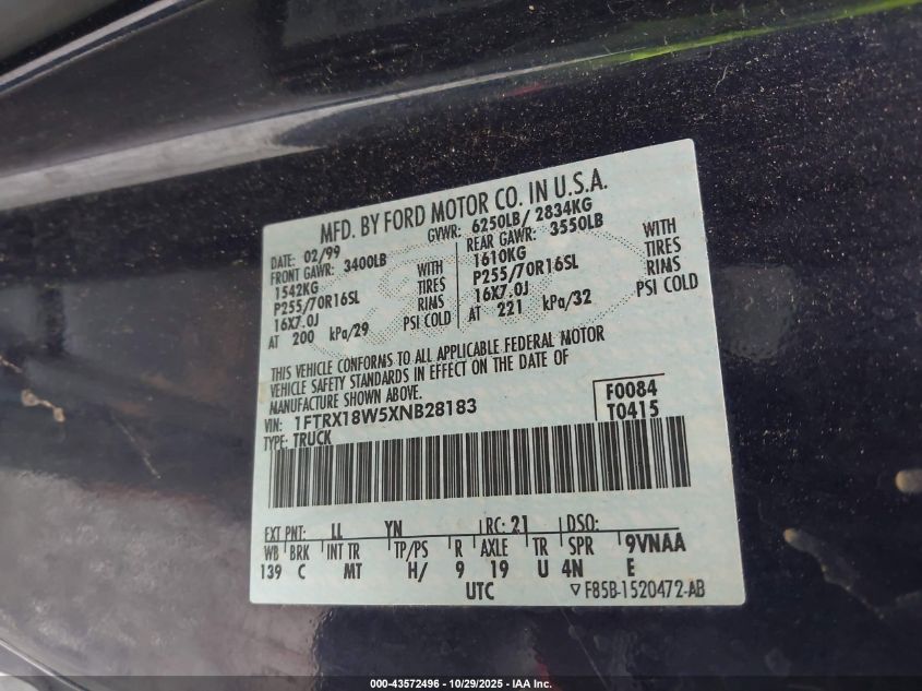 1999 Ford F-150 Lariat/Work Series/Xl/Xlt VIN: 1FTRX18W5XNB28183 Lot: 43572496