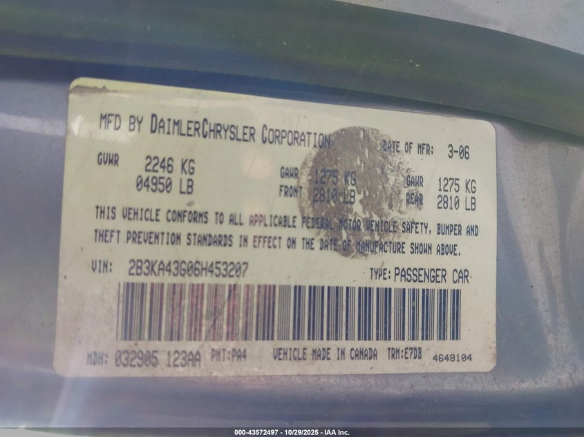 2006 Dodge Charger VIN: 2B3KA43G06H453207 Lot: 43572497