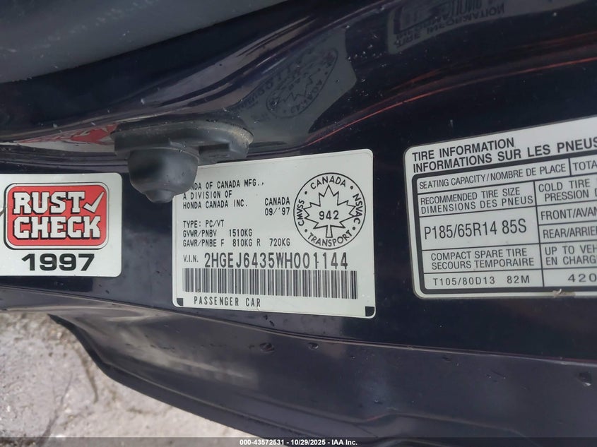 1998 Honda Civic Dx VIN: 2HGEJ6435WH001144 Lot: 43572531