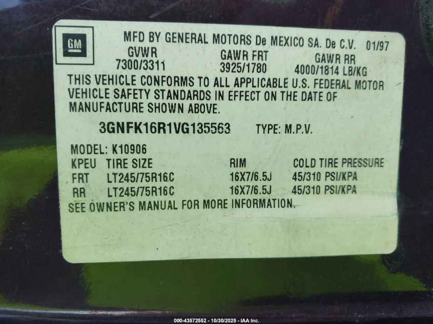 1997 Chevrolet Suburban 1500 VIN: 3GNFK16R1VG135563 Lot: 43572552