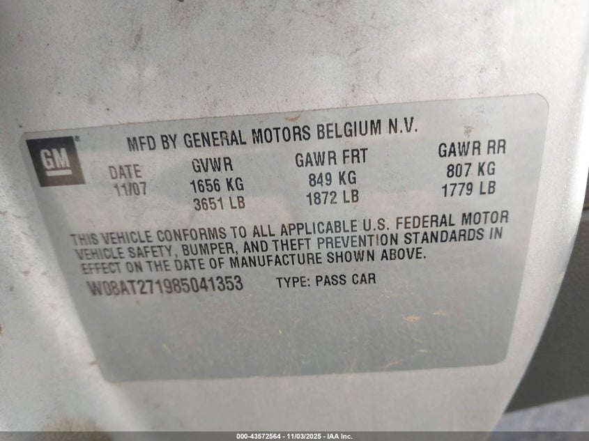 2008 Saturn Astra Xr VIN: W08AT271985041353 Lot: 43572564