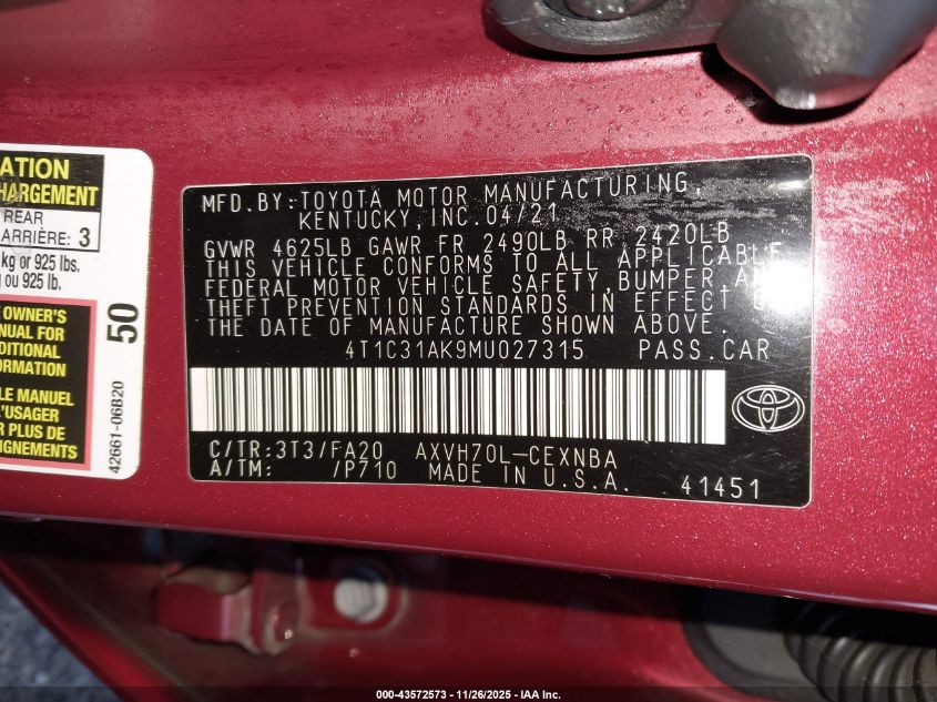 2021 Toyota Camry Le Hybrid VIN: 4T1C31AK9MU027315 Lot: 43572573