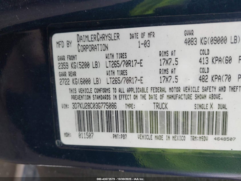2003 Dodge Ram 2500 Slt/Laramie/St VIN: 3D7KU28C03G775086 Lot: 43572579