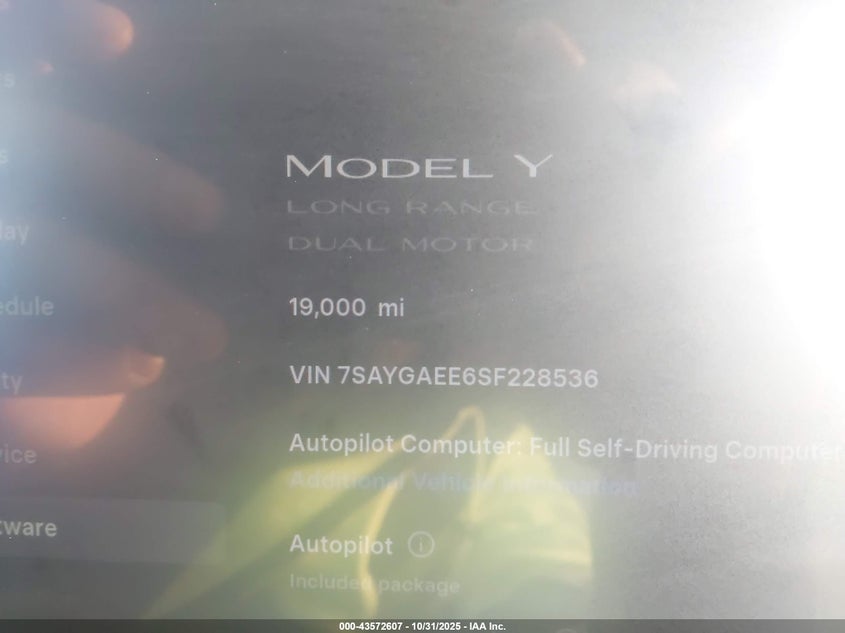 2025 Tesla Model Y Long Range Dual Motor All-Wheel Drive VIN: 7SAYGAEE6SF228536 Lot: 43572607