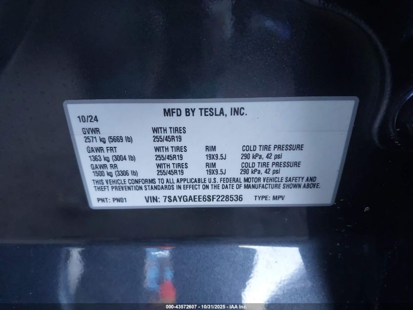 2025 Tesla Model Y Long Range Dual Motor All-Wheel Drive VIN: 7SAYGAEE6SF228536 Lot: 43572607