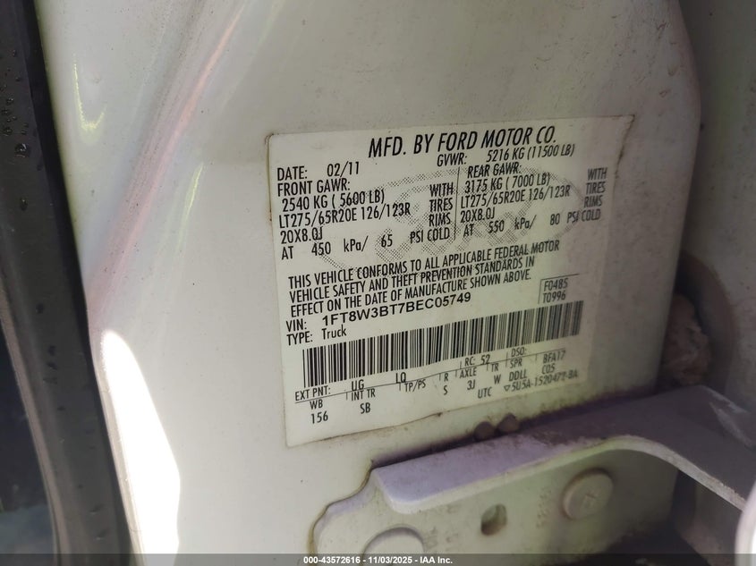 2011 Ford F-350 Lariat VIN: 1FT8W3BT7BEC05749 Lot: 43572616