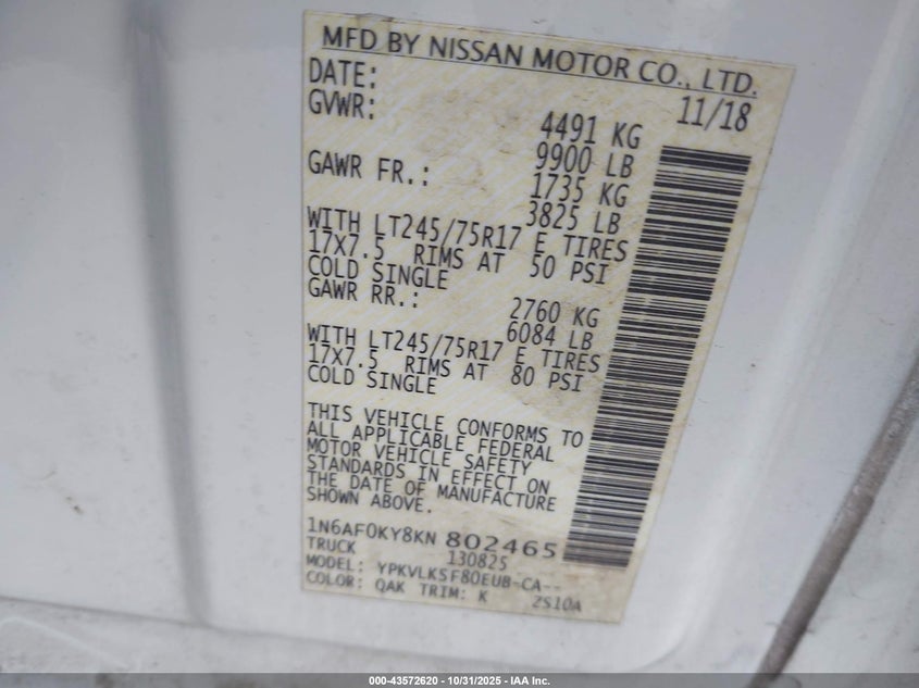 2019 Nissan Nv Cargo Nv3500 Hd Sl V8 VIN: 1N6AF0KY8KN802465 Lot: 43572620