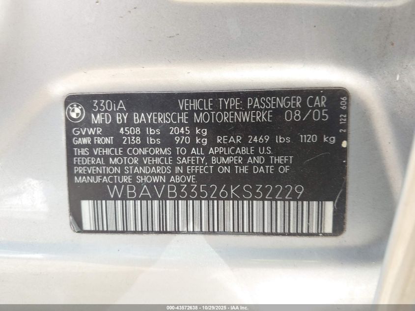 2006 BMW 330I VIN: WBAVB33526KS32229 Lot: 43572638