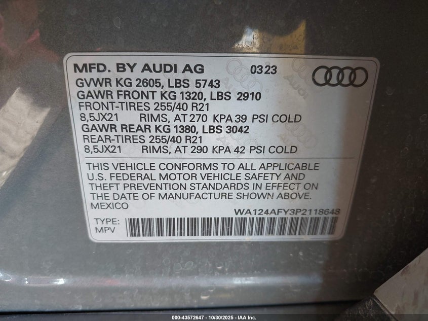 2023 Audi Sq5 Sportback Premium Plus Tfsi Quattro Tiptronic VIN: WA124AFY3P2118648 Lot: 43572647
